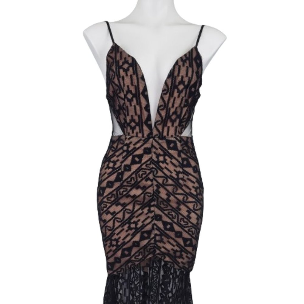 Luxxel Floor length Body Con Low cut, Sheer Evening Gown, Black, Small - Picture 2 of 16